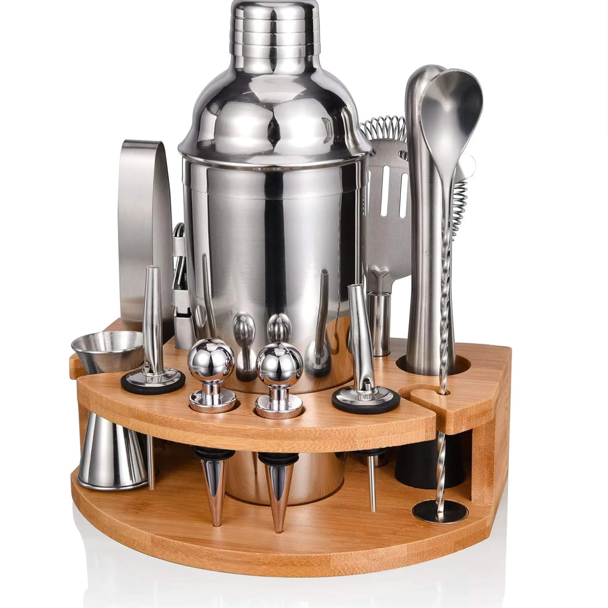 12-Piece Stainless Steel Stylish Cocktail Shaker Set with Bamboo Stand - Professional Bartender Utensils Kit for Mixed Drinks, Includes Shaker, Jigger, Strainer, Muddler, Liquor Pourers, Ideal Housewarming Gift