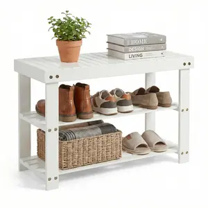 White Shoe Rack Bench for Entryway – Sturdy Storage Organizer with Seating – Modern Hallway Furniture – Perfect for Home Organization