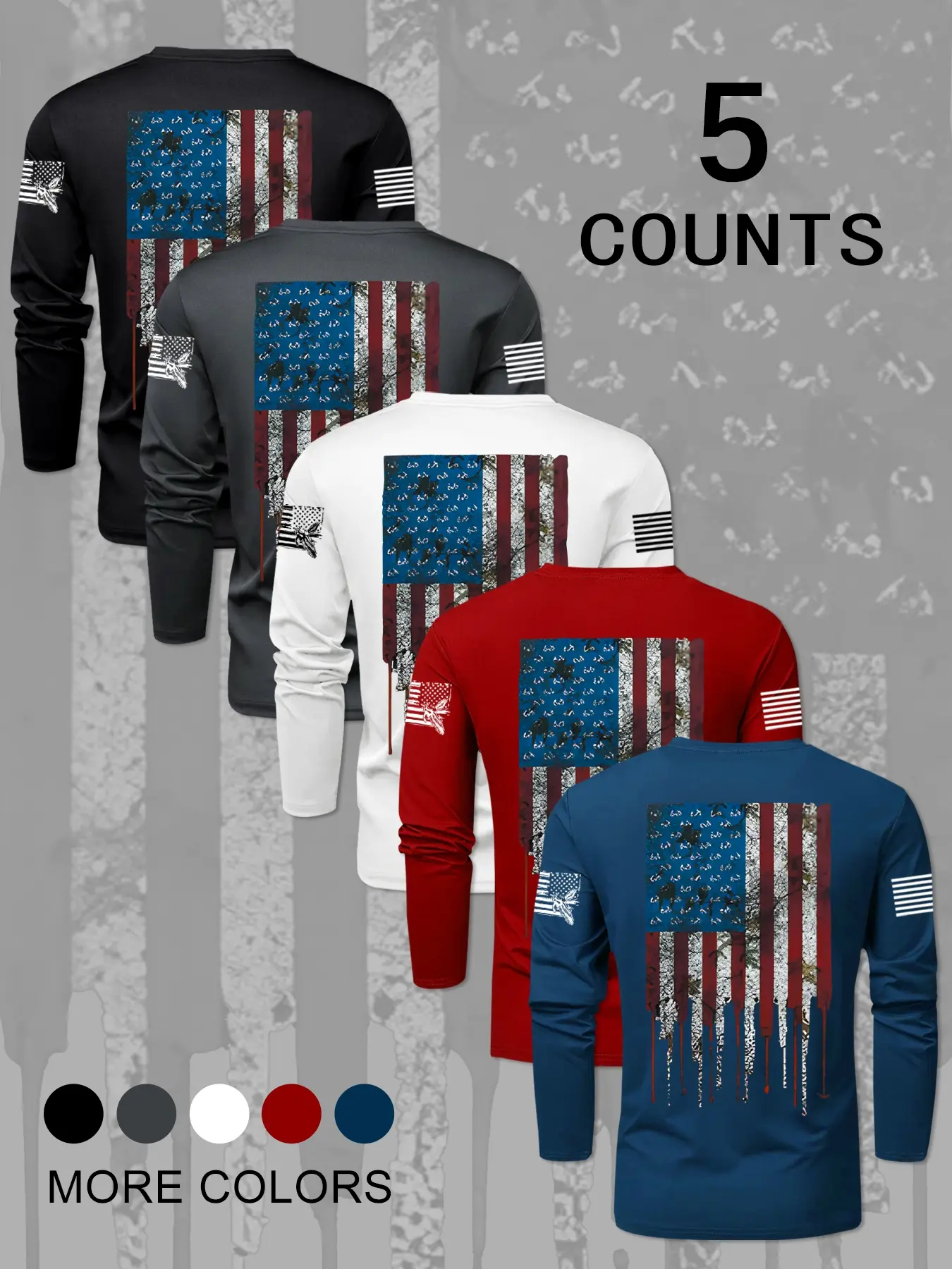 Men's Loose Fit Long Sleeve T-Shirts, Casual Streetwear Fashion Innerwear, Flag Print Graphic Design, Comfortable Daily Wear, Pack of 5