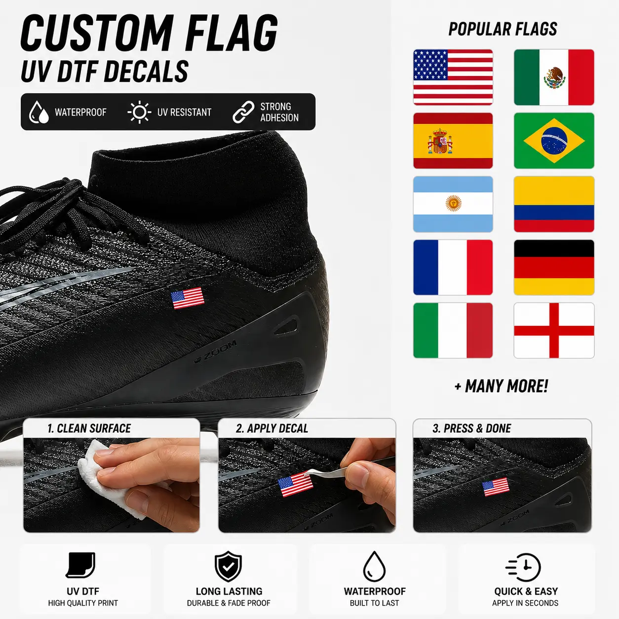 Custom Flag Stickers for Soccer Cleats – UV DTF Waterproof Decals (Set of 2) Strong Adhesion Football Custom Flag Stickers for Soccer Cleats – UV DTF Waterproof Decals (Set of 2) Strong Adhesion Football