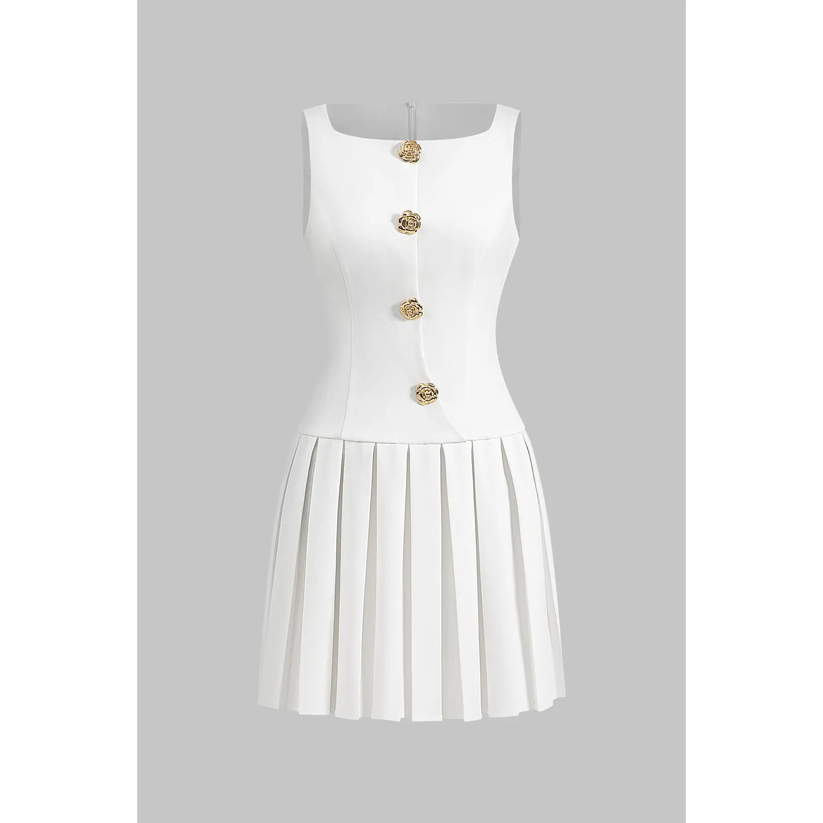 Women's Polyester Fitted Sleeveless Casual Mini Tank Dress with Metallic Buttons