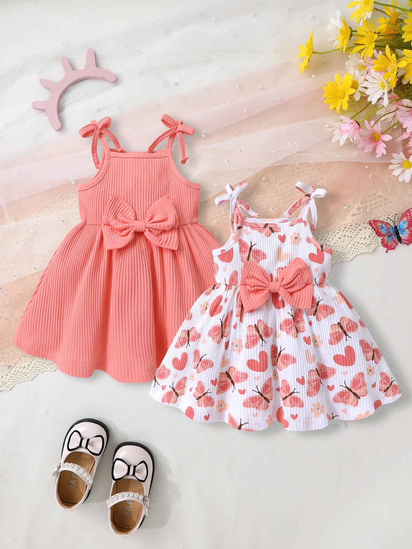 Younger Tree Toddler Girls' Adorable Bow-Suspender Princess Dress Set, Baby Dresses