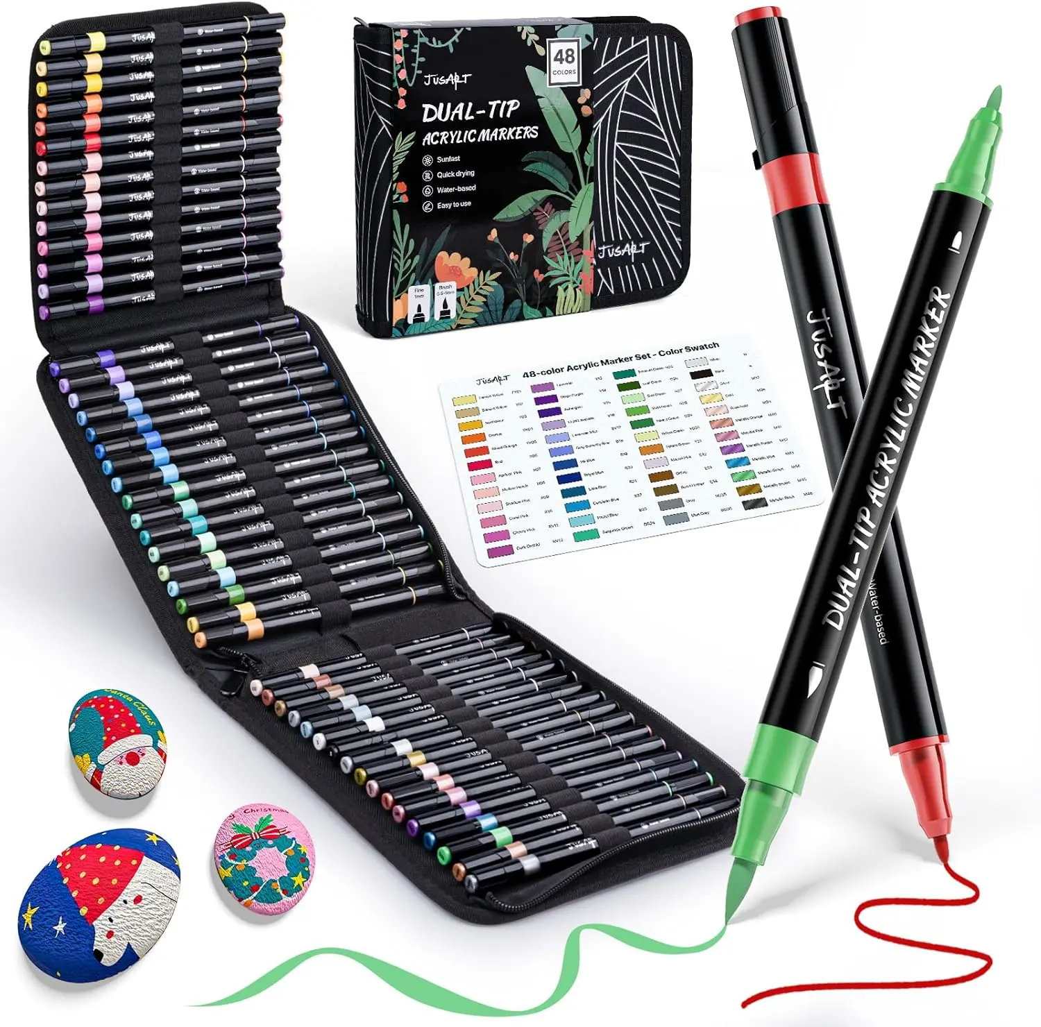[JusArt] 48/36 Colors Dual Tip Acrylic Paint Markers (Painting Bag), Acrylic Paint Pens with Brush Tip and Fine Tip, Premium Paint Pens for Various Surfaces, Acrylic Paint Markers, Markers for Coloring, Art Supplies, Acrylic Marker, Coloring Supplies