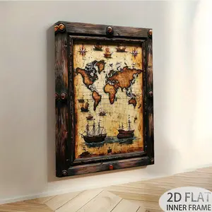 1 Piece Vintage World Map Wall Art - Antique Nautical Chart Framed Painting with Wooden Frame, (30x 40cm ) World Map Print, Ship and Compass Rose Pattern, Suitable for Office Decoration, Travel Theme Gift, Easy to Hang Navigation, 2D Flat, Perfect for Roo