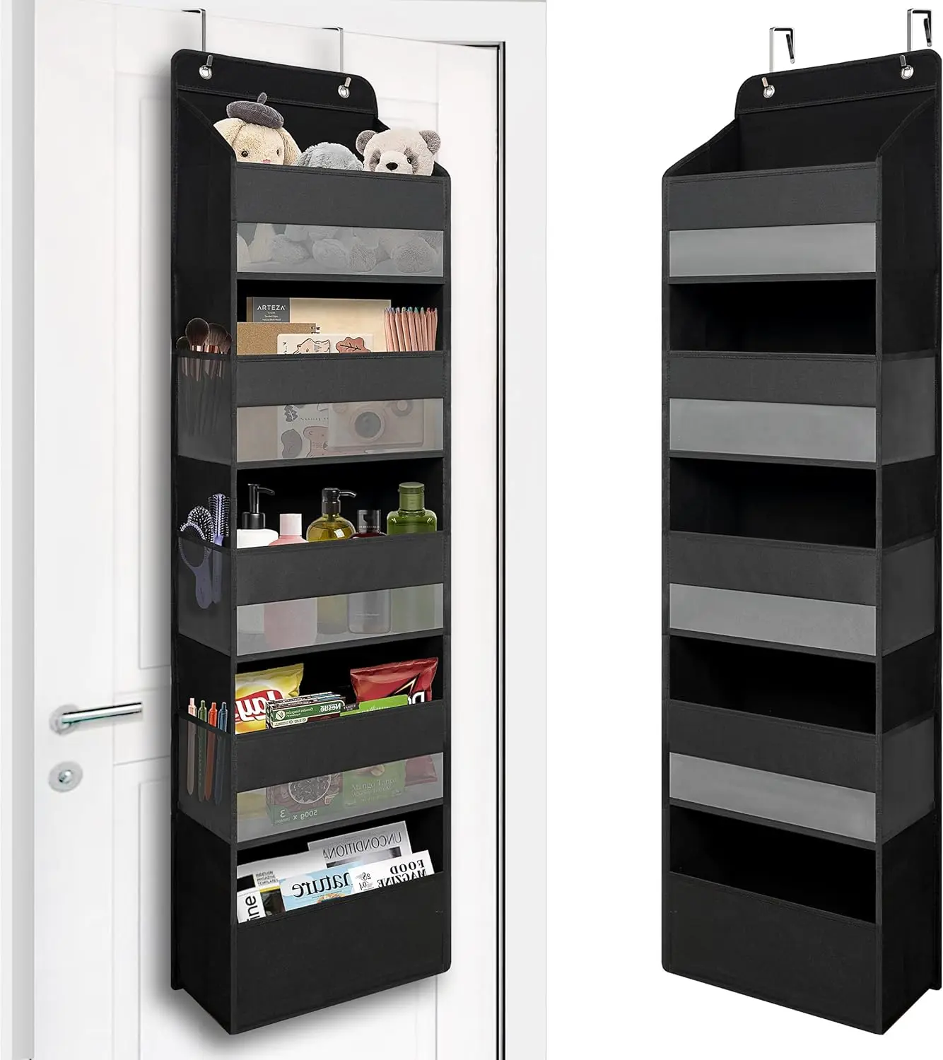 Over Door Organizer with 5 Large Pockets, Heavy Duty Hanging Organizer Storage, Closet Bathroom Nursery Bedroom Dorm, Toys Cosmetics Sundries and Baby Essentials, Black Installation Hangable