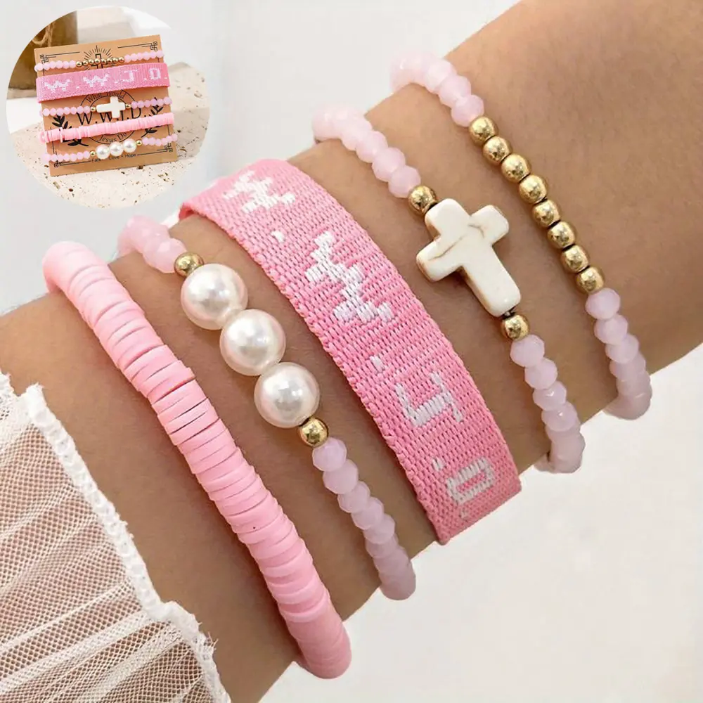 1 set of Pink Combination soft rubber WWJD Bracelet Women'S Fashionable and simple Cross Imitation pearl String Elastic Bracelet set