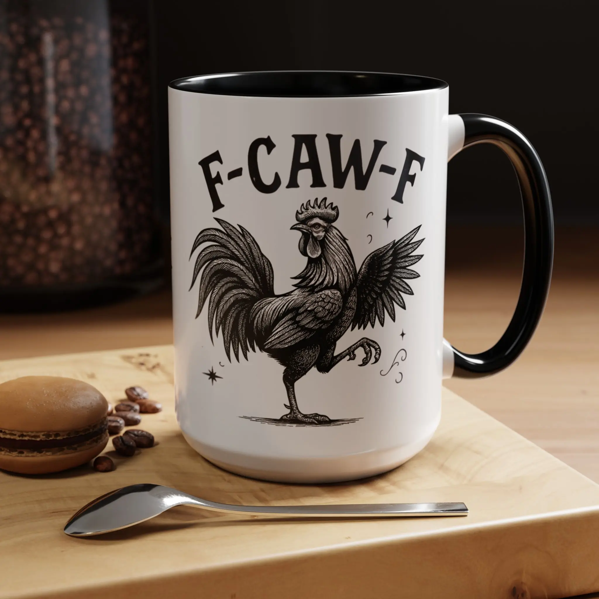 11oz-Rooster Funny F-CAW-F Accent Ceramic Mug, Reusable Washable Coffee/Tea Drinkware, Microwave Safe, Vibrant Colors with Black Accent, Friend Gift (15oz Option Available)