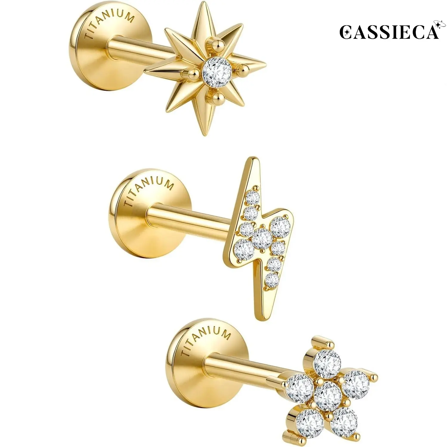 CASSIECA 3-Count Unisex 18G Implant Grade Titanium Flat Back Earrings - 5A Cubic Zirconia Studs, 14 Karat Gold Plated, Hypoallergenic Internally Threaded Tarnish Free Gold Piercing Jewelry for Tragus, Helix Piercings (Sensitive Ears)