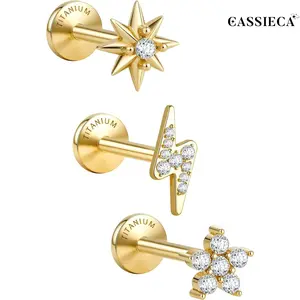 CASSIECA 3Pcs G23 Implant Grade Titanium Flat Back Earrings 5A CZ Studs 14K Plated Gold Hypoallergenic 18G Internally Threaded Tragus Cartilage Conch Helix Piercing Jewelry for Sensitive Ears Women Men