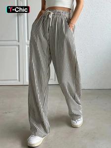 women's striped print drawstring waist wide leg pants, casual pocket trousers for summer, women's bottoms for daily wear, womenswear