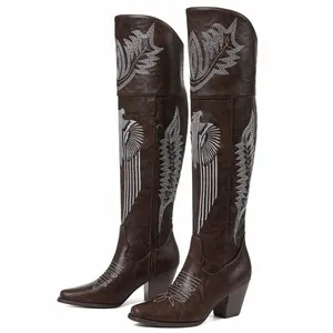EROCALL Women's Cowboy Boots for Women Embroidered Western Knee High Tall Boots Pointed Toe Chunky Heel Cowgirl Tall Wide Calf Boots Black Red Brown Country Fashion Footwear Walking Shoes Heel Height Over The Kneecowgirl Denim Style