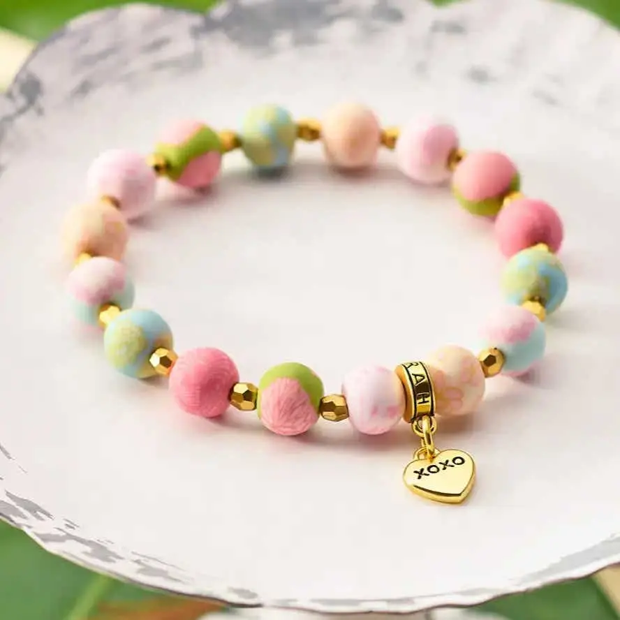 Pink Flower Power Bracelet, Polymer Clay, Colorful Beads, 1 Size Fits Most Costume Jewelry Accessory, Matching Set?, One Size Fits