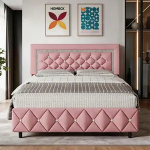 Upholstered Bed Frame, Modern Platform Bed Frame With Diamond Headboard And Footboard, No Boxing Spring Needed, Easy Assembly, Black/ Grey/ Pink/ Purple/ White/ Beige / Green, Twin/ Full/ Queen/ King