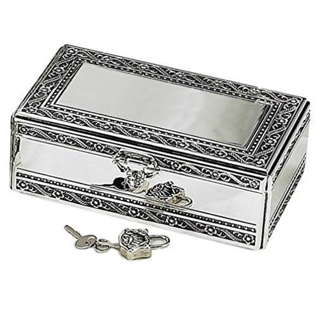 212 MAIN Compact Antique Metal Jewelry Box - 6x4.5x2.05", Silver with Jeweled Key Lock, Durable Home Organizer, Great Birthday Gift