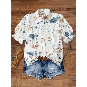 Casual vacation lapel pleated lace short sleeved pleated printed women's shirt topRAIMENTRY