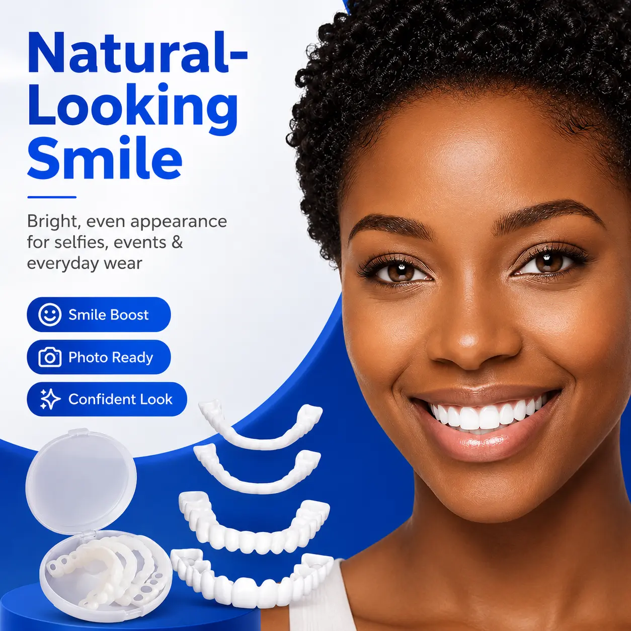 Snap-On Cosmetic Veneers, 3 Pairs of Natural White Fake Teeth for a Smoothing, Whitening, and Shine Enhancing Smile, Removable Accessory for Unisex Adults, Fake Teeth Smile Accessory, Parties, Photo Ready, Multi-Pack, Easy Snap-In