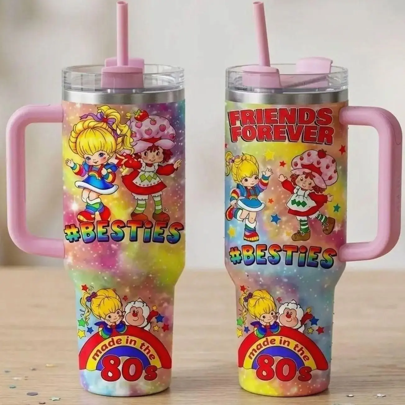 Retro 80s Strawberry Shortcake & Rainbow Brite Cartoon 40oz/30oz Stainless Steel Insulated Tumbler with Handle, Retro Cartoon Fan Gifts