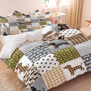 Dachshund Patchwork Duvet Cover Set (1 Duvet Cover + 1/2 Pillowcases, No Core), Soft Breathable Plaid & Paw Print Bedding, All Season Comforter Cover for Bedroom, Dog Lovers, Bed Quilt Cover