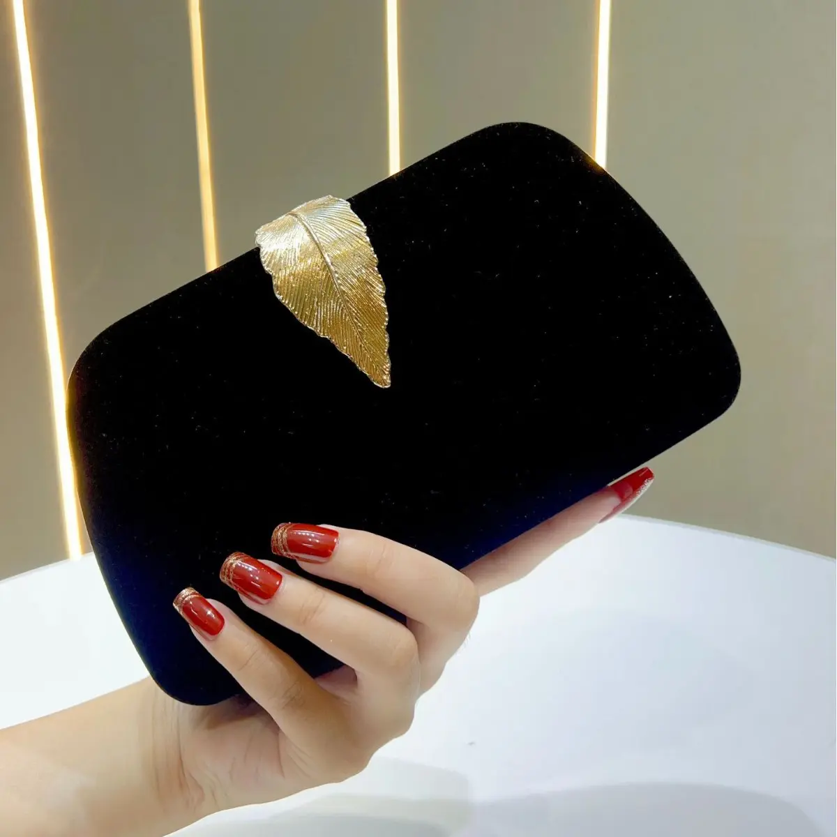 Women's Elegant Velvet Square Clutch Purse - Small Party Evening Shoulder Clutch with Gold Accents and Crossbody Chain