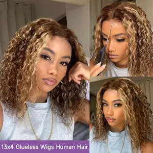 Ombre Highlight Deep Wave Curly BOB Lace Front Wigs Human Hair Pre Plucked Wear And Go Glueless Honey Blonde And Brown 13x4 HD Short Curly Frontal BOB Wigs For Black Women 14 Inch  4/27