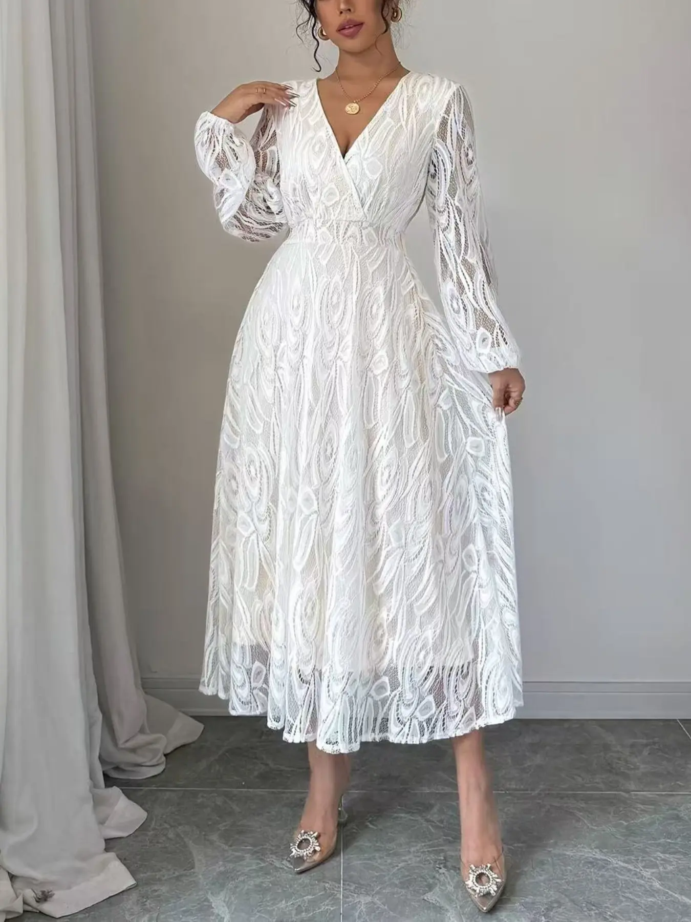 Elegant Chic Feminine Lace Dress for Women, Deep V Neck, Sheer Sleeves, Slimming Waist, Medium-Length, Formal Wear, Elegance, Perfect for Weddings and Evening Events, Evening Party Gown