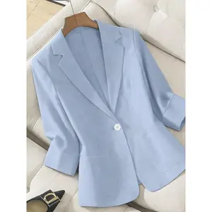 Women’s solid-color lightweight elegant high-end fitted blazer with three-quarter sleeves, suitable for spring and summer, ideal for commuting and everyday wear.
