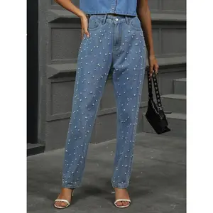 Pearl Detail Straight Jeans with Pockets