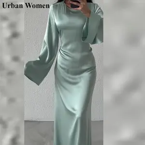 Autumn Fashion Satin Dress Women Elegant Solid Satin Round Neck Trumpet Sleeves Lace Up Slim Fishtail Dress Women Casual Womenswear