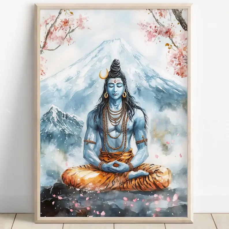 Shiva Meditating at Mount Fuji, God Shiva, Shiv Meditating, Shiv Art, Shiva Wall Art, Shiv Painting, Mahadev, Digital Print of Shiva Unframed Canvas Poster 24X36 inch Decor Room Colorful Gifts Ornaments Decoration