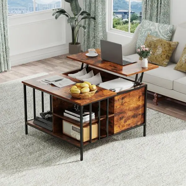 Bellemave Farmhouse Lift-Top Coffee Table with Storage - 31.5in Adjustable Height Living Room Table, Multifunctional Center with Hidden Compartment, 3 Shelves, 110lbs Capacity, Easy-to-Clean Surface