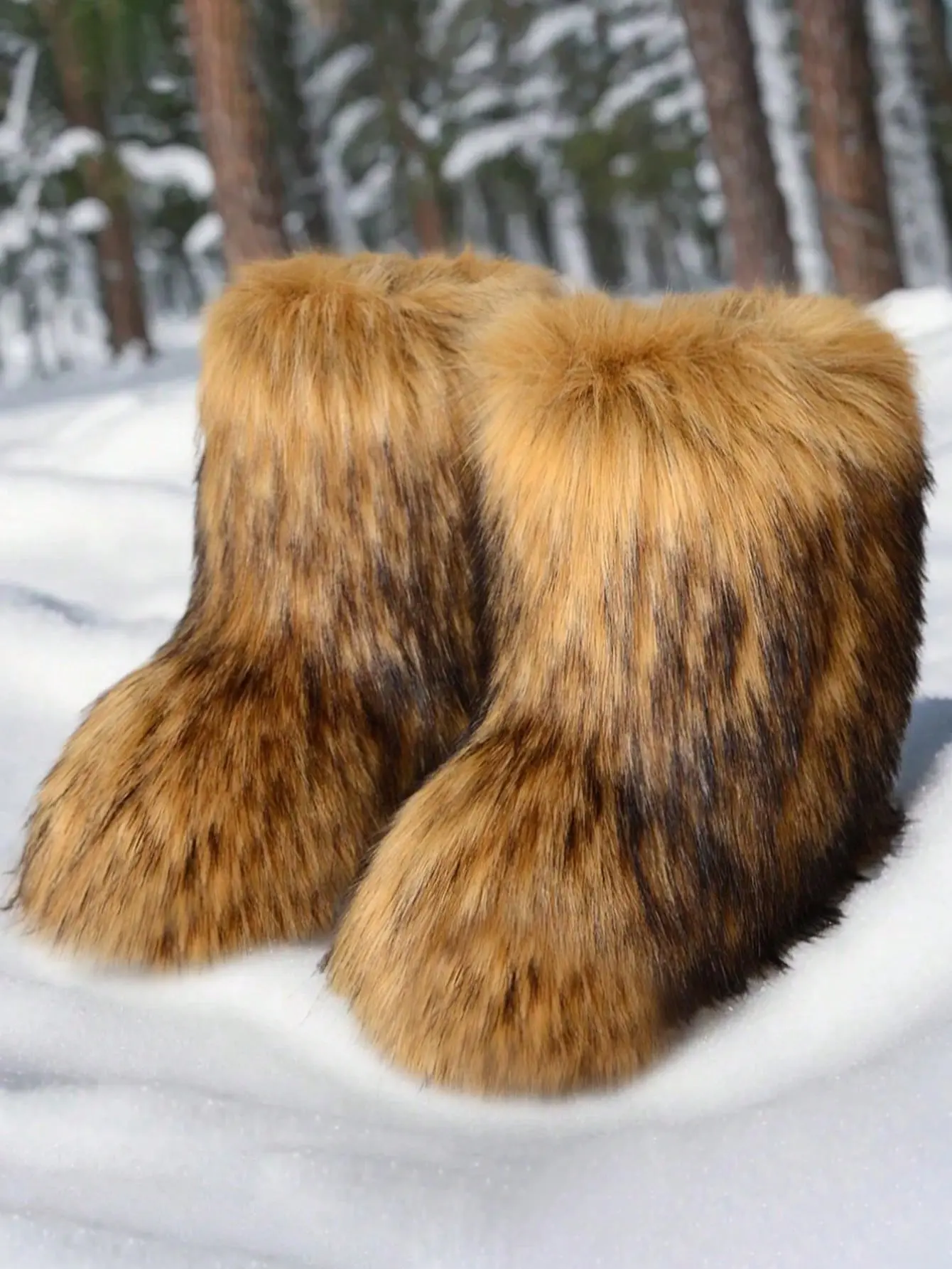 Black Fluffy Faux Fur Ankle Snow Boots, Soft Lining Warm Slip On Couple Shoes, Christmas Halloween Gift For Cold Indoor Outdoor Wear
