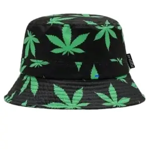 FLOWER BUCKETZ - Black Hat with Green Leaf Pattern, Adjustable Fit, Classic Design, Adjustable Strap
