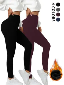 Women's Thermal Fleece-Lined High Waist Plain Stretchy Leggings, 2-Pack Winter Workouts & Yoga Pants, Soft & Warm Thick Tights for Cold Weather
