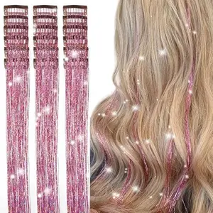 18 Pcs 20 Inch Clip in Hair Tinsel Pink Glitter Tinsel Hair Extensions Clip in Fairy Hair Tinsel Clips Hair Accessories for Girls Kids Women Hair Tinsel Clip in Pack
