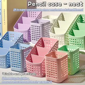 Portable Pen Holder, Mini Desk Organizer, Stationery Organizer, Multi-Functional Storage Box, Student Office Supplies, Simple Style, Hollow Small Design, Plastic Material