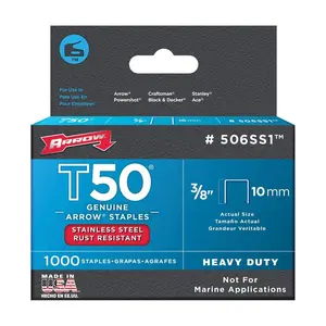Arrow Fastener 506SS1 Heavy Duty T50 Stainless Steel Staples for Upholstery, Construction, Furniture, Crafts, 3/8-Inch Leg 3/8-Inch Crown Size,Length, 1000 Count (Pack of 1)