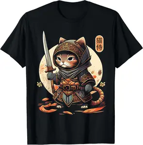 100% Cotton Japanese Samurai Cat Tattoo Kawaii Ninja Cat T-Shirt