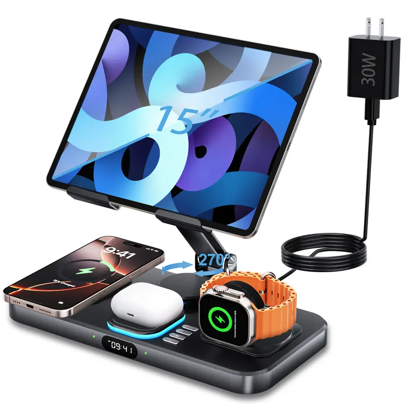 SPGUARD 2026 Adjustable Magsafe-Compatible 6-in-1 Wire + Wireless Combo Charger - Magnetic Protection Station with LED Clock, Night Light for iPhone 17/16/15/14/Air/Max, iWatch, iPad Pro 2025, AirPods Pro 3