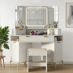 48'' Modern Corner Vanity Desk Set | Tri - Mirror, LED Lights & Charging Station