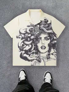 Medusa Snake Head Print Cuban Collar Shirt, Men's Street Gothic Short Sleeve Top, Fashionable Casual Wear, Perfect for Daily
