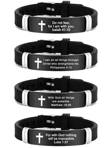 Stainless Steel Bible Bracelet, Black Strap Adjustable, For With God Nothing Will Be Impossible Luke 1:37 Fashionable Simple Men's Bracelet With Luke 4-13，19-26，41-10, Bible Verse Engraving Religious Jewelry Inspirational Bracelet, Cross Charm Bangle