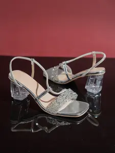 Silver Color Rhinestone Transparent Chunky Heel Sandals, Elegant Sparkle for Weddings, Parties, Dates, Evening Events