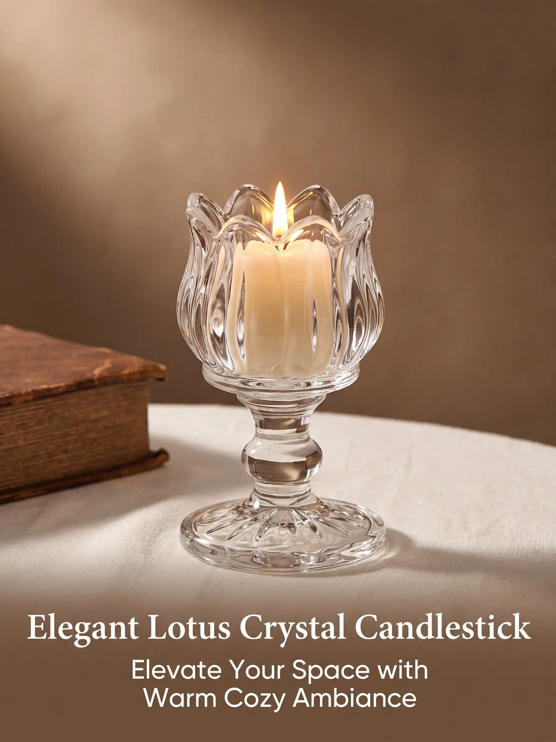 Soulspacer Tall Lotus Glass Candle Holder - High-Temperature Resistant Pillar Candle Holder for Home Decor, Religious Decor, Indoor Meditation Spaces, Heat Resistant, Indoors