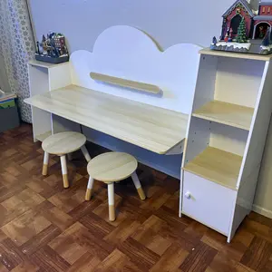 Modern Kids Desk & Stool Set in White and Natural Wood for Study and Play
