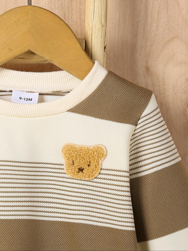 Baby Boys' Striped Bear Embroidered Long Sleeve Sweatshirt & Pants Set, Baby Boy Clothes, Casual Fashion for Fall Winter Daily Wear Outdoor Play Party Gift