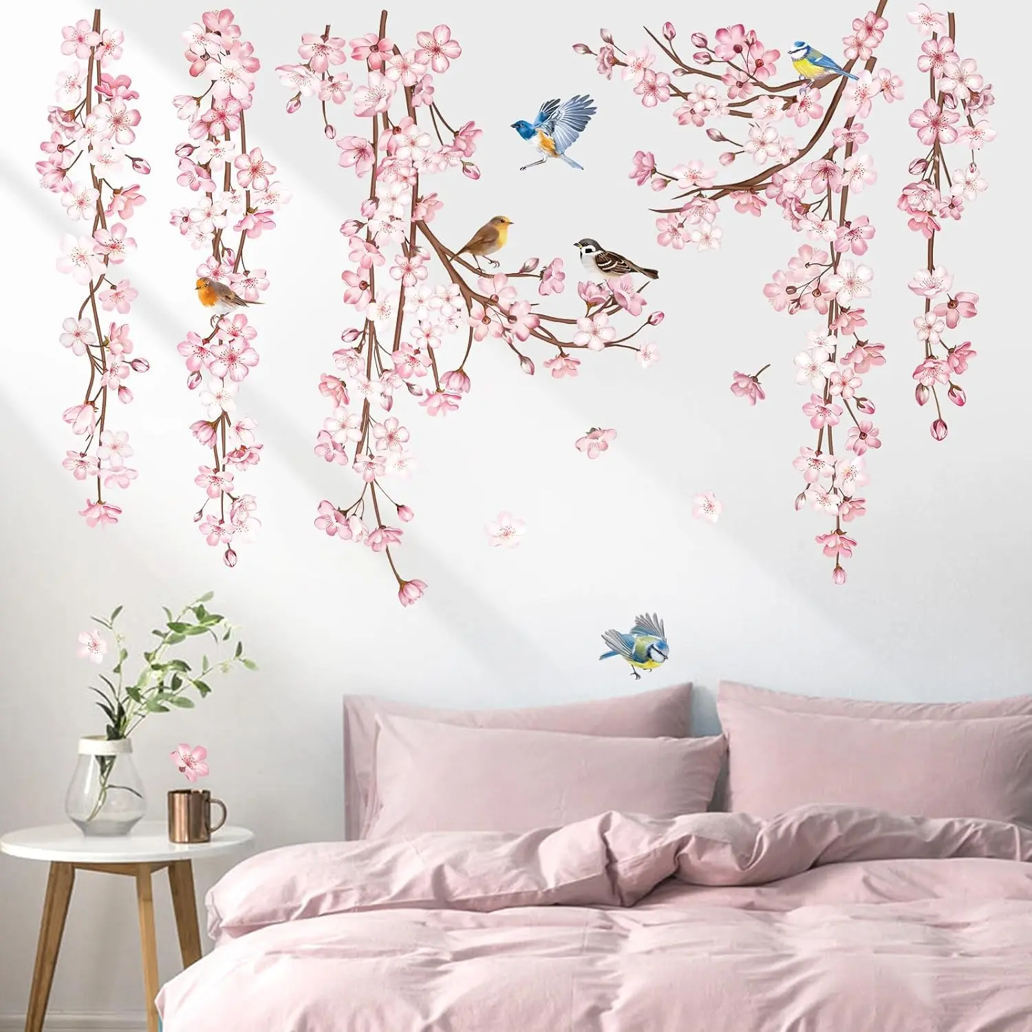 Cherry Blossom Flower Vine Wall Decals Hanging Floral Tree Branch Birds Wall Stickers Living Room Bedroom Office Wall Decor