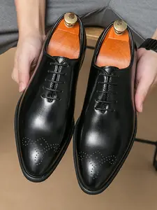 Men's Business Formal Lace Up Brogue Derby Shoes, Fashionable Pointed Toe Shoes for Work Office, Male All-match Commuter Shoes for Daily Wear Footwear
