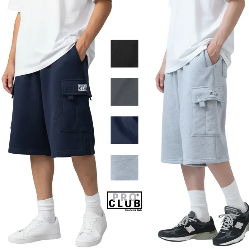 Pro Club Men's Baggy Cotton Fleece Cargo Shorts - Retro Vintage Style, All Seasons, 6 Pockets, Elastic Waistband, Drawstring Closure, Knee-Length Hem, Hip Hop Casual