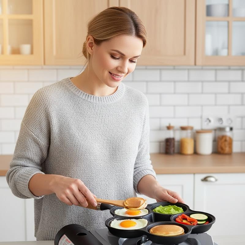 6-Hole Cast Iron Frying Pan Non-Toxic Naturally Non-Stick Fits All Stoves for Eggs Mini Burgers Pancakes Safe Everyday Use Easy Cleanup