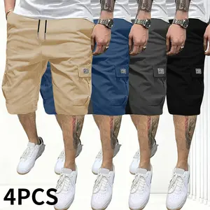 Men’s solid-color cargo shorts, 4-pack; lightweight fashion shorts with flap pockets; available in multiple colors; stretch fabric with four-way stretch; outdoor work pants for men